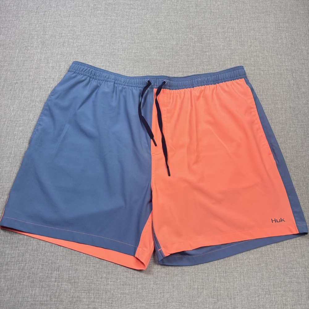 Huk Swim Trunks Shorts Mens 2XL Blue Orange Lined Drawstring Pockets Quick Dry